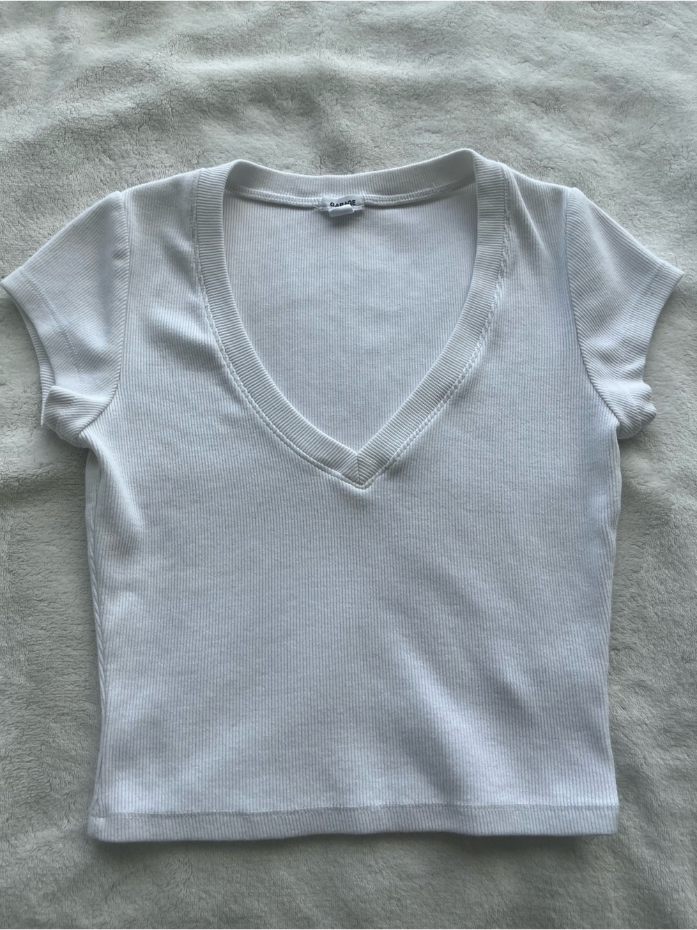 Garage White Ribbed V-Neck Crop Tee